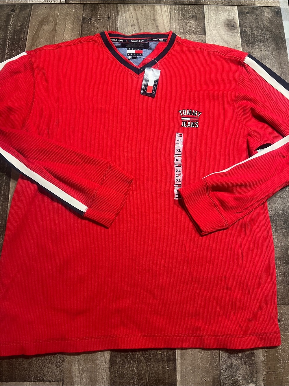 Tommy Hilfiger Red Long Sleeve V-Neck Shirt with Sleeve Stripes